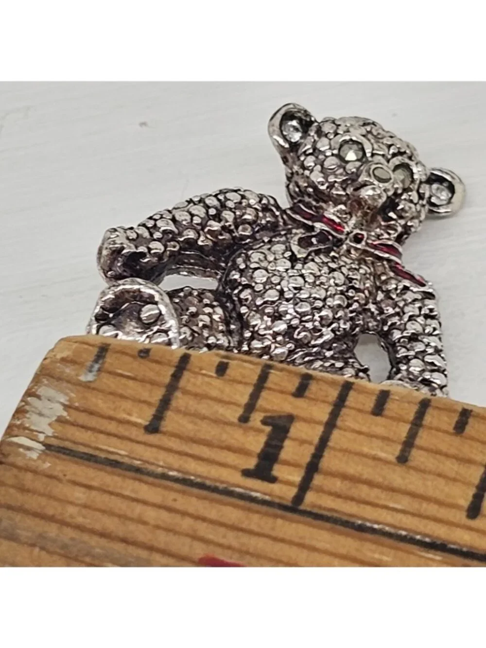 Vintage AAI Signed Teddy Bear Brooch  Textured Silver Tone Red...